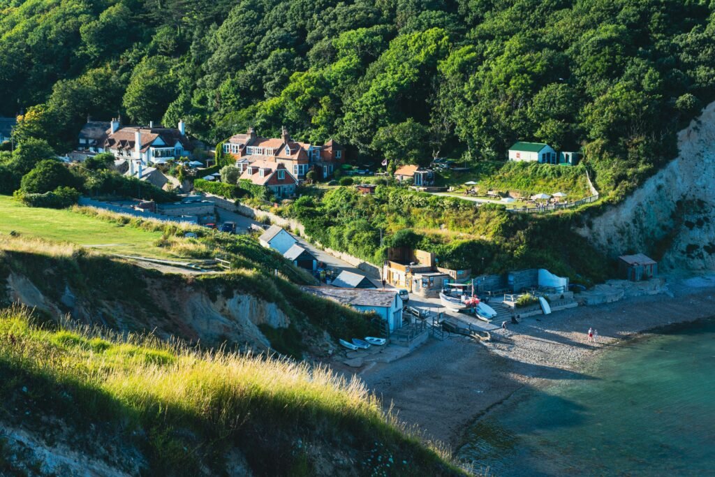 Lulworth Cove and the visitor village from above