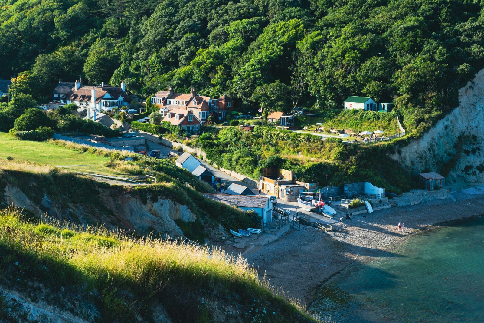 Lulworth Cove and the visitor village from above